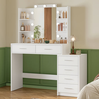 Toilettafel – Kaptafel – Make-up Tafel – Opmaaktafel – Dressoir – Wit – Verlichte Spiegel – 6 Laden en 4 Open Vakken