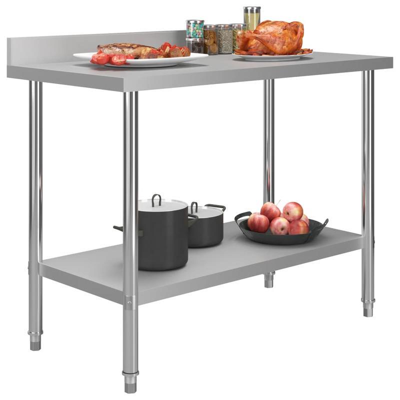 Werktafel Keuken – RVS Werkbank – Inklapbare Tafel – Werkblad Horeca – Werkbank Met Opbergruimte – 120x60x93 cm – Roestvrij Staal – Verhoogde Achterwand – Dubbellaagse Plank