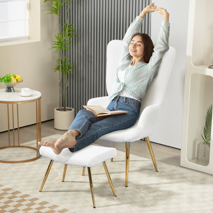 Fauteuil – Loungestoel – Relaxstoel – Zetel – Fauteuil Met Poef – Fluffy Sherpa Bekleding – Verstelbare Voetjes – Stalen Poten – Hoog Rugleuning – Wit