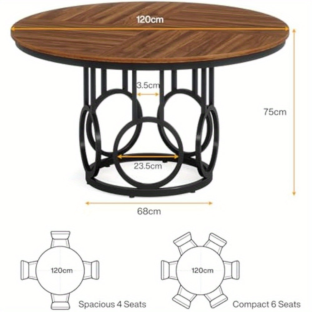 Eettafel – Ronde Tafel – Keukentafel – Eetkamertafel – Woonkamertafel – 120 cm Diameter – Stevig Metaal Onderstel – Bruin MDF Tafelblad Met Houtnerf