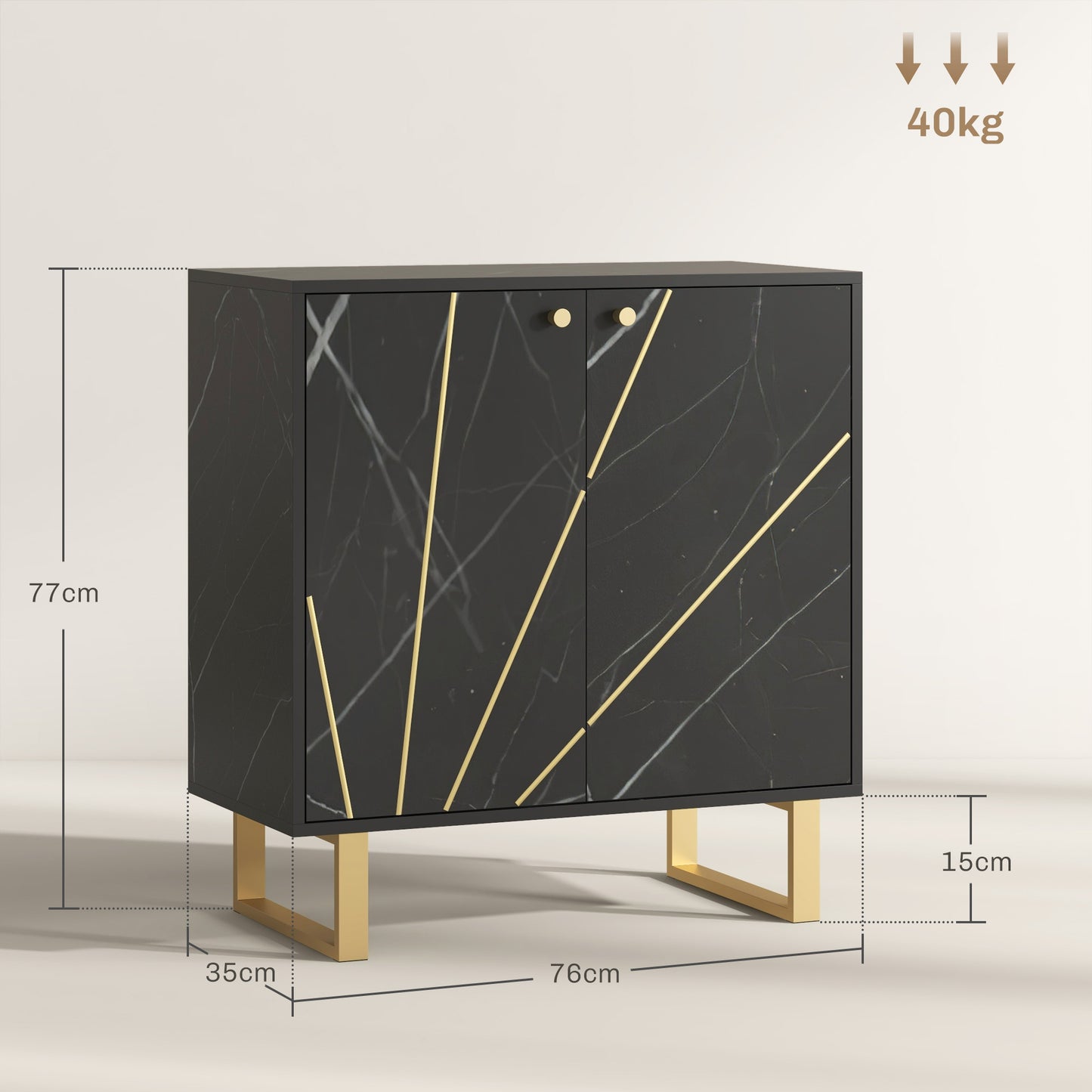Buffetkast – Opbergkast – Dressoir – Kast – Kast Met Deuren – Zwarte Marmerlook – Verstelbare Plank – Metalen Poten – Compact 76x35x77 cm