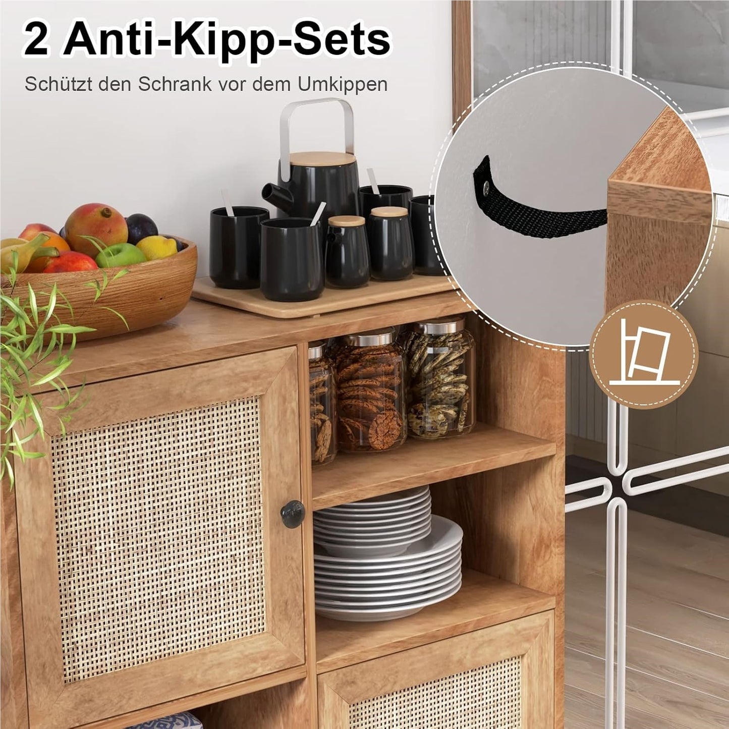 Dressoir – Sideboard – Opbergkast – Ladekast – Buffetkast – Houtenkleurig met Rattan Deuren – 80x29,5x97 cm – Stevige Constructie met Anti-Kantelbeugels