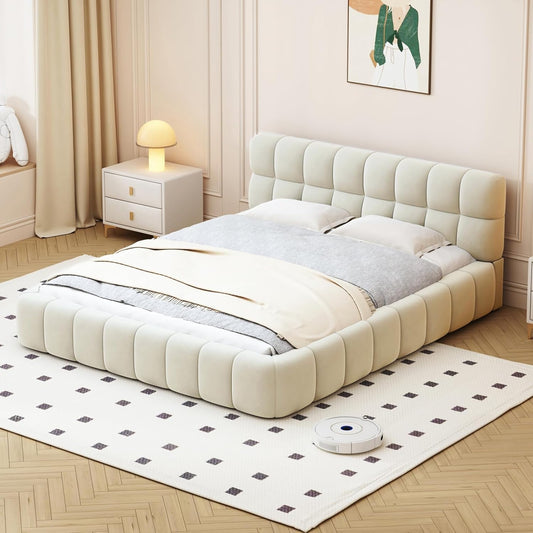 Tweepersoonsbed – Bed – Slaapbank – Boxspring – Ledikant – Beige 140x190 cm – Zacht Gewatteerd Hoofdbord – Stevige MDF Constructie