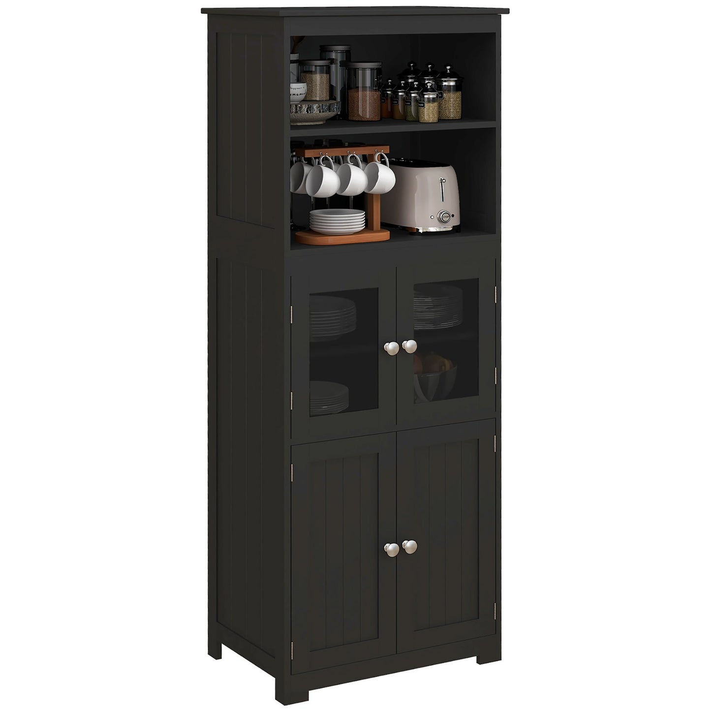 Keukenopbergkast – Keukenkast – Buffetkast – Dressoir – Sideboard – Zwart MDF Met Glazen Deuren – 60x30x162 cm – Verstelbare Plank