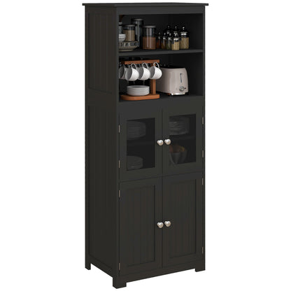 Keukenopbergkast – Keukenkast – Buffetkast – Dressoir – Sideboard – Zwart MDF Met Glazen Deuren – 60x30x162 cm – Verstelbare Plank