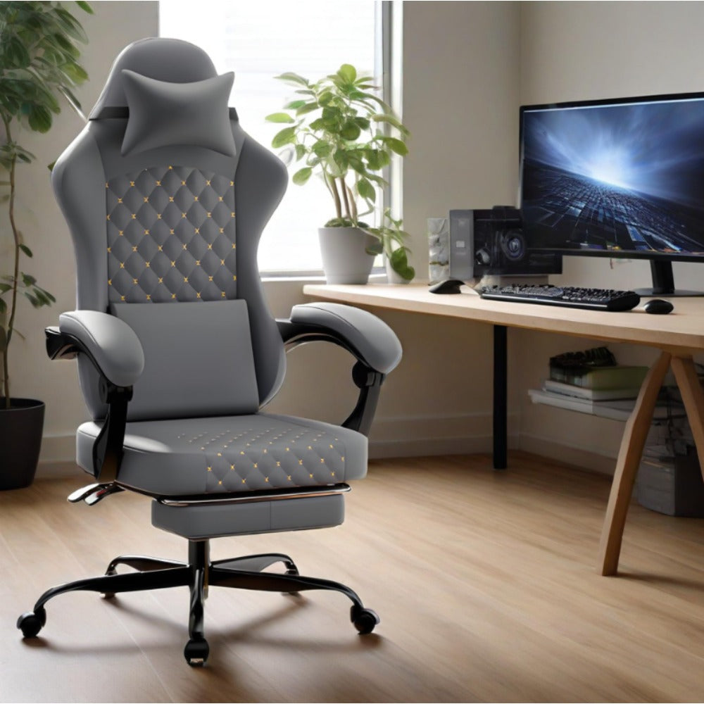 Gaming Chair in Leather with Massage Function and Footrest | Ergonomic Computer Chair for Gaming and Office Use, Supports up to 150kg, Enhances Comfort, Grey