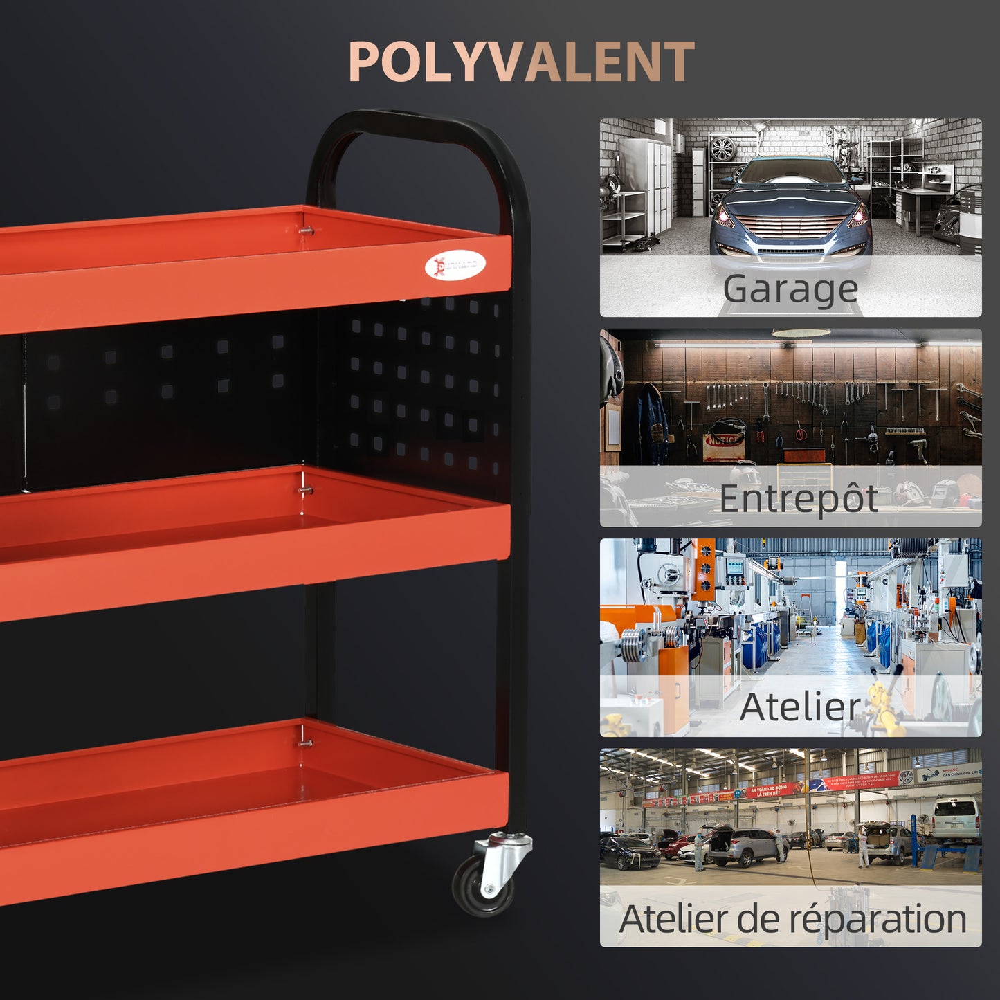 DURHAND Workshop Trolley Servant Trolley 3-Level Tool Cart with Shelves, Hanging Boards, Load Up to 100 Kg, Workshop Trolley for Garage, Warehouse, DIY Tools, Red