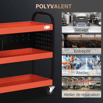 DURHAND Workshop Trolley Servant Trolley 3-Level Tool Cart with Shelves, Hanging Boards, Load Up to 100 Kg, Workshop Trolley for Garage, Warehouse, DIY Tools, Red