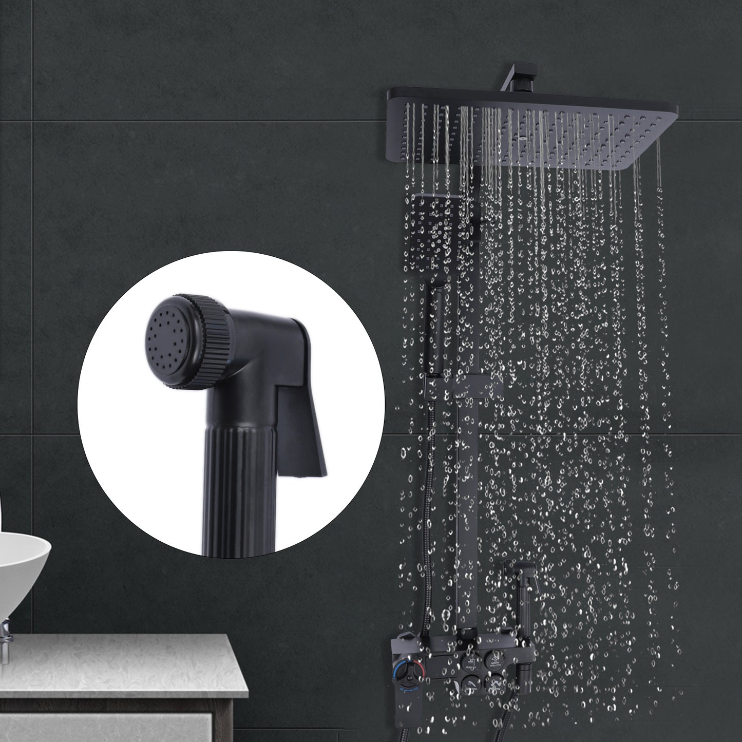 Thermostatic black shower head set, suitable for all kinds of bathrooms, Copper, Black
