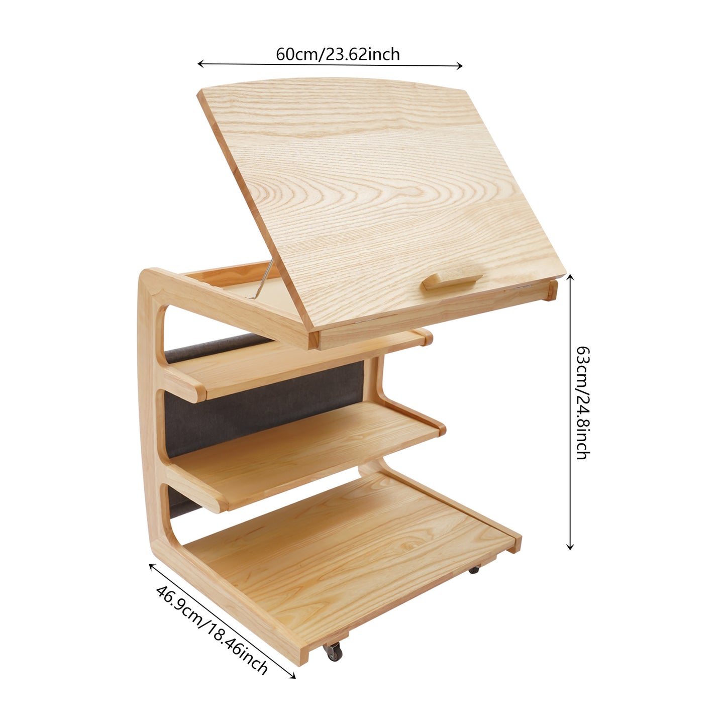 TOOL1SHOOO Modern C-Shaped Pulley Side Table with Lockable Castors, 4-Tier Storage Shelf & Adjustable Tabletop - Heavy-Duty Wooden Mobile Cart with Smooth-Glide Mechanism, Space-Saving Design for Living Room, Bedroom, Home Of