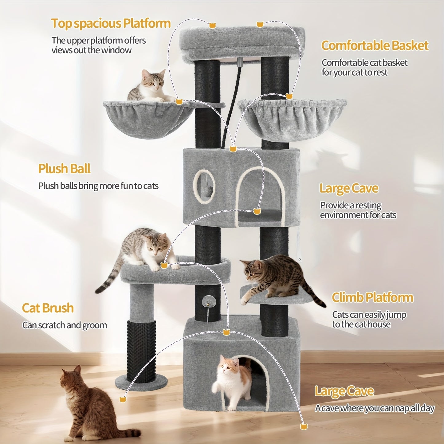 Krabpaal Kat – Krabmeubel Kattenboom – Kattenhuis Krabton – Kattenmeubel Speeltoren – Lichtgrijs Zwart – 163 cm Hoog – Geschikt Voor Grote Katten & Meerdere Katten
