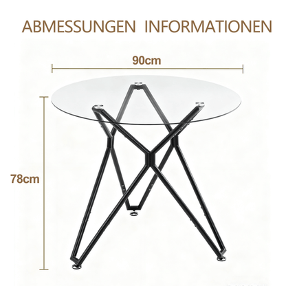 Ronde Eettafel – Eettafel Glas – Tafel Klein – Ronde Tafel – Keukentafel Zwart Metaal – 90 cm Diameter – Gehard Glasblad – Stevig Metalen Onderstel