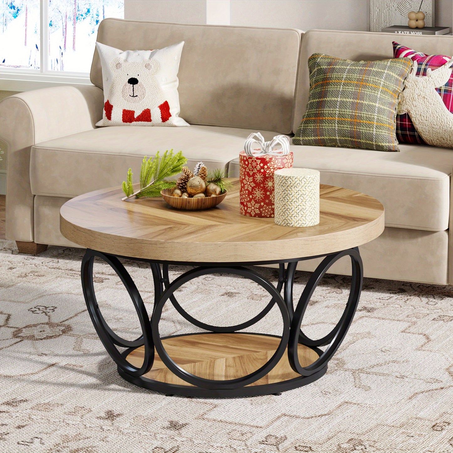 Ronde Salontafel – Houten Tafel – Woonkamertafel – Koffietafel – Opbergtafel – 80 cm Diameter – 2 Lade Niveaus – Natuurlijke Bruin Houtlook