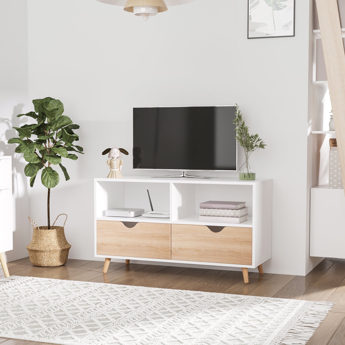 TV-meubel – TV-kast – Lowboard – Woonkamermeubel – Entertainmentmeubel – Scandinavisch design – 2 Lades – Licht Eiken Wit