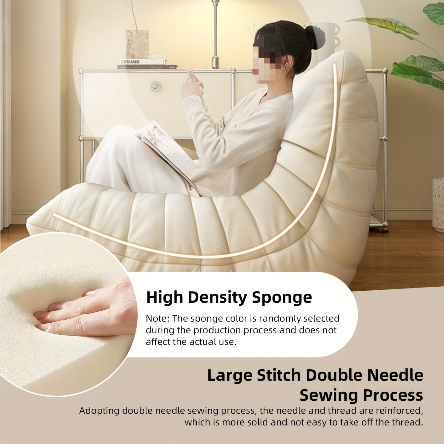 Chaise Longue – Zitzak – Lounge Stoel – Slaapbank – Tweezits Bank – Beige Polyester Bekleding – Ruimtebesparend, Gemakkelijk Montage