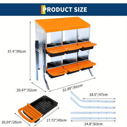 Kippenhok Nestkastje – Kippenren Legnest – Nestbox Kippen – Legbak Nestkast – 6 Gaten – Metalen Constructie – Eenvoudig Schoon Te Maken – Uitneembare Tray
