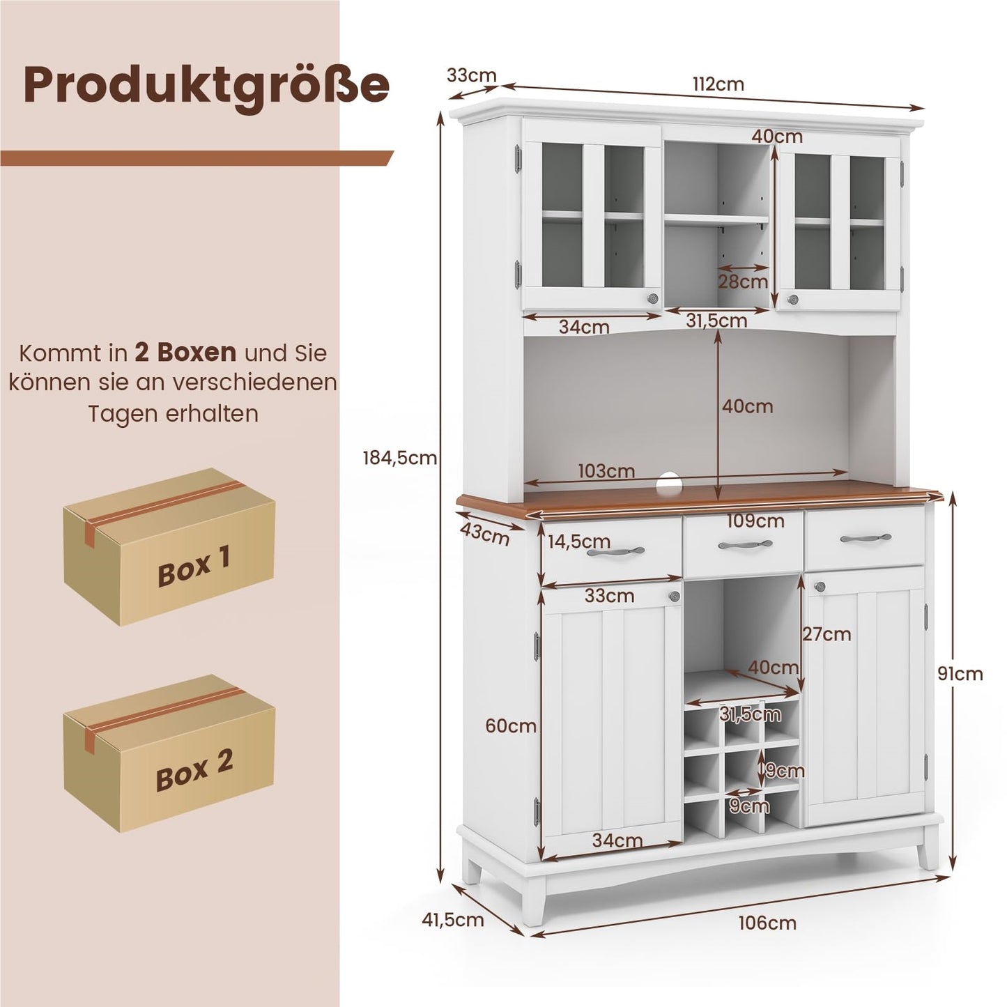 Keukenkast – Keukenbuffet – Opbergkast – Buffetkast – Voorraadkast – Hoogwit MDF – Verstelbare Glazen Planken – Wijnrek 9 Flessen – 112x43x184,5 cm
