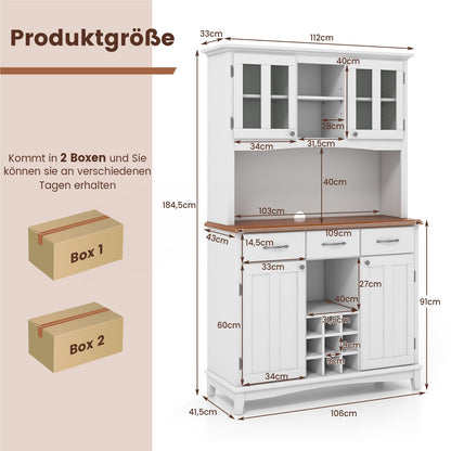 Keukenkast – Keukenbuffet – Opbergkast – Buffetkast – Voorraadkast – Hoogwit MDF – Verstelbare Glazen Planken – Wijnrek 9 Flessen – 112x43x184,5 cm
