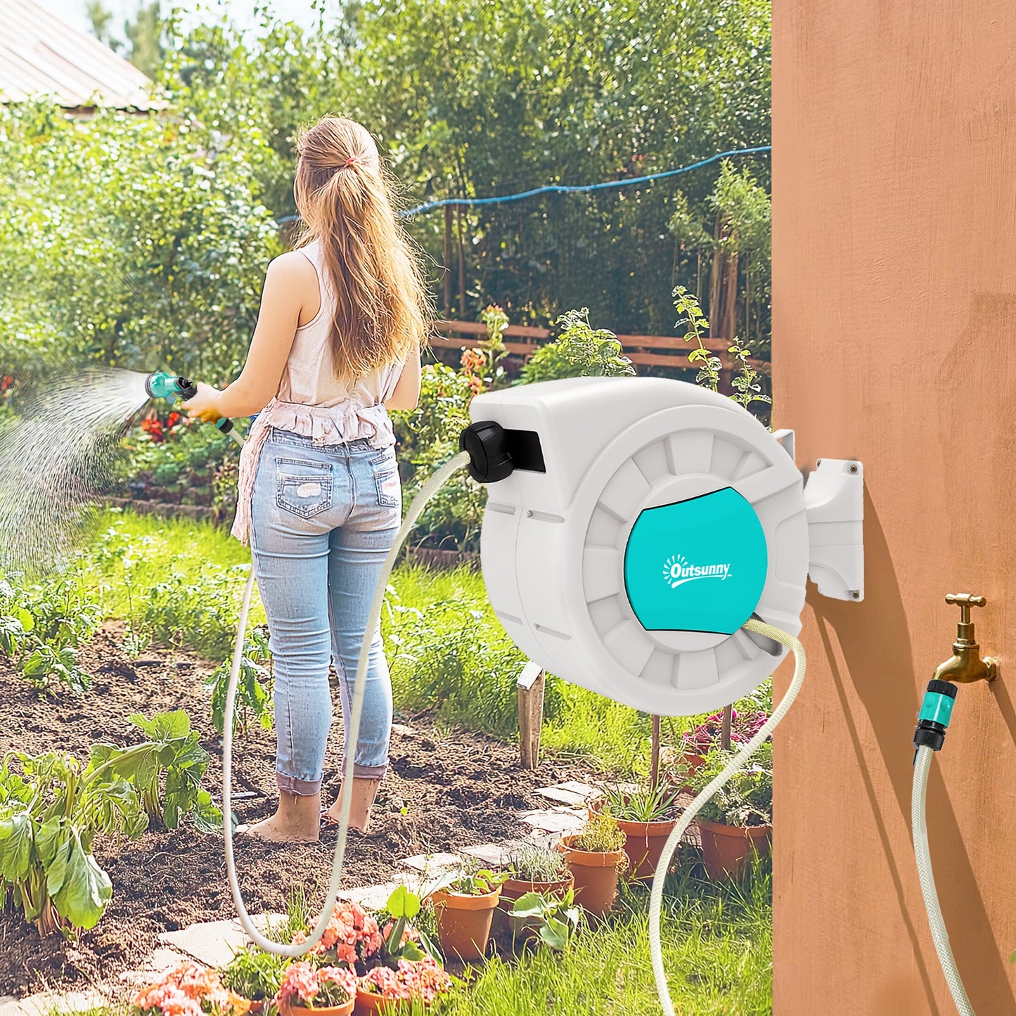 Tuinslanghaspel – Slanghaspel – Wandslangenbox – Slanghouder – Slangenwagen – 25 Meter Slang – Automatische Oprolfunctie met 180° Draaibare Muurbeugel