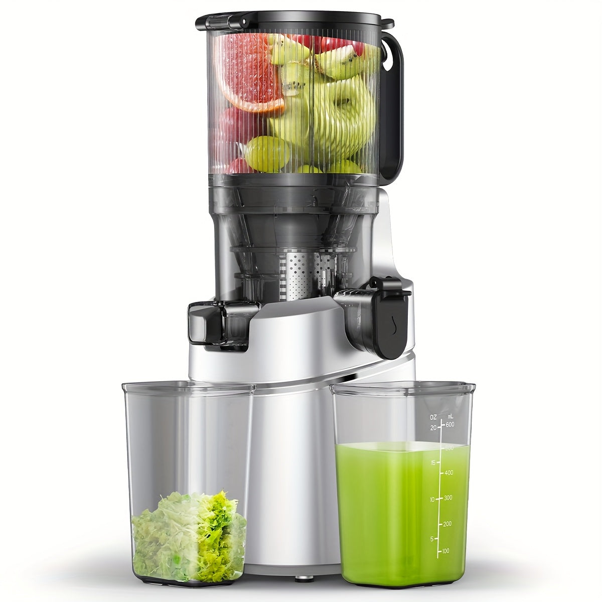 Slowjuicer – Sapcentrifuge – Juicer – Sapextractor – Slowmixer – Extra Brede 135mm Opening – Driedubbel Filtratiesysteem – 2L Grote Capaciteit – 250W Krachtige Motor – Silvery Variant