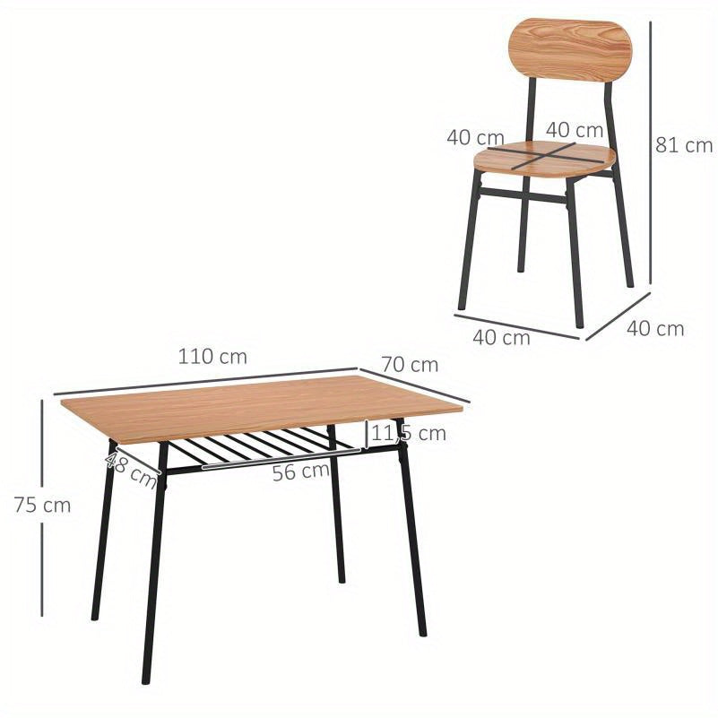 Eettafelset – Eettafel – Eetkamerset – Keukentafel – Tafelgroep – Lichtbruin Houten Tafelblad – Zwart Metalen Frame met Opbergrek