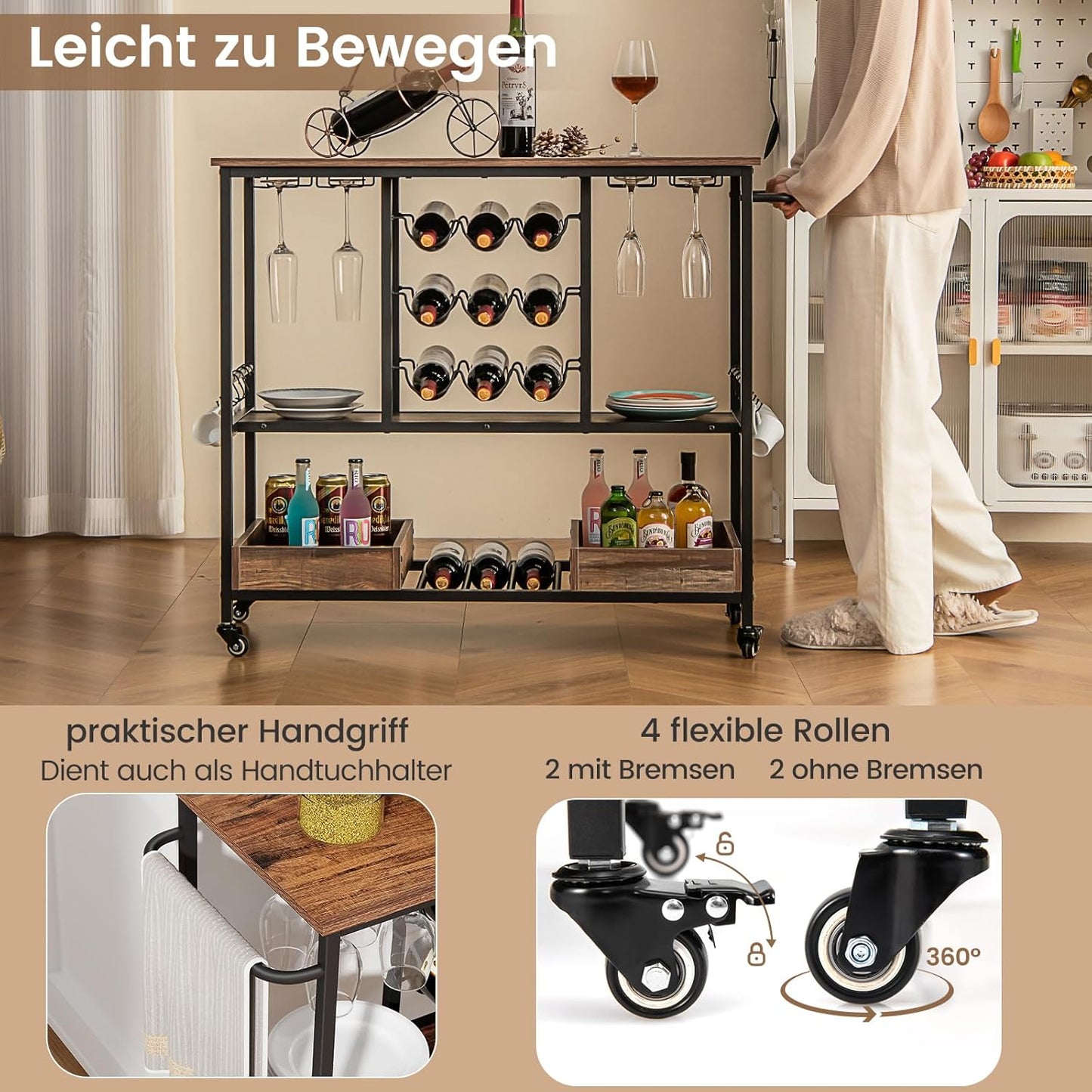 Serveerwagen – Barwagen – Trolley – Wijnkar – Serveerkar – 3-laags Ontwerp – Robuust Hout & Metaal – 8 Wijnglazen & 9 Flessenhouder – 4 Wielen Met Remmen – Rustiek Bruin
