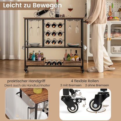 Serveerwagen – Barwagen – Trolley – Wijnkar – Serveerkar – 3-laags Ontwerp – Robuust Hout & Metaal – 8 Wijnglazen & 9 Flessenhouder – 4 Wielen Met Remmen – Rustiek Bruin