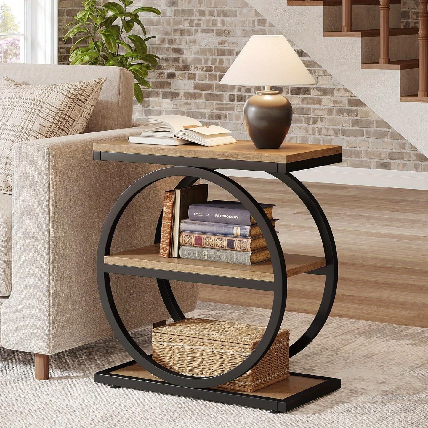 Industrieel Modern 3-Lagen Bijzettafel – Nachtkastje – Opbergbuffet – Sofa Tafel – Smalle Opbergtoren – Stevig Zwart Metaal Frame – Houtnerf Eiken Afwerking
