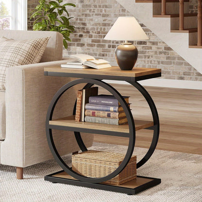 Industrieel Modern 3-Lagen Bijzettafel – Nachtkastje – Opbergbuffet – Sofa Tafel – Smalle Opbergtoren – Stevig Zwart Metaal Frame – Houtnerf Eiken Afwerking