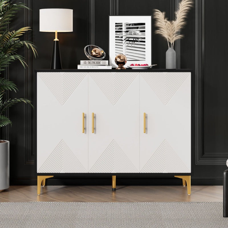 Modern Metallic Sideboard Cabinet - Elegant White & Golden Accent Storage with Doors, Non-Wood Furniture for Living Room, Bedroom, Dining Room - Easy Assembly Required, Preppy Room Decor, Bedroom Organizer, Classic Striped Do