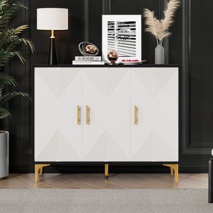 Modern Metallic Sideboard Cabinet - Elegant White & Golden Accent Storage with Doors, Non-Wood Furniture for Living Room, Bedroom, Dining Room - Easy Assembly Required, Preppy Room Decor, Bedroom Organizer, Classic Striped Do