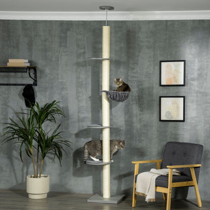 Krabpaal – Kattenkrabpaal – Kattenboom – Krabmeubel – Kattentoren – Verstelbaar tot 250 cm – Stevige Houten Basis – Hangmat – Sisal Kraboppervlakken – Grijs