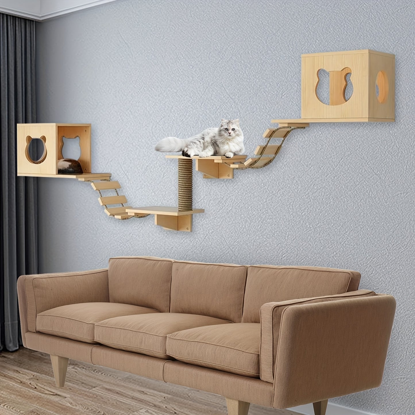 Katten Klimrek – Krabpaal – Klimpaal – Kattenhuis – Kattenplank – Wandmontage – Duurzaam Hout – Compleet 9-delig Systeem – Gele Variant