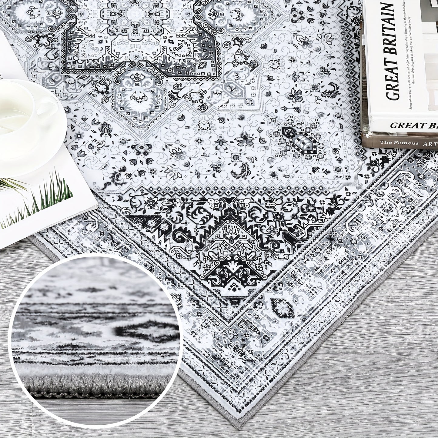 Vloerkleed – Tapijt – Lopertapijt – Speeltapijt – Antislipkleed – Laagpolig – Machinewasbaar – Lichtgewicht – Bohemian Vintage Grijs