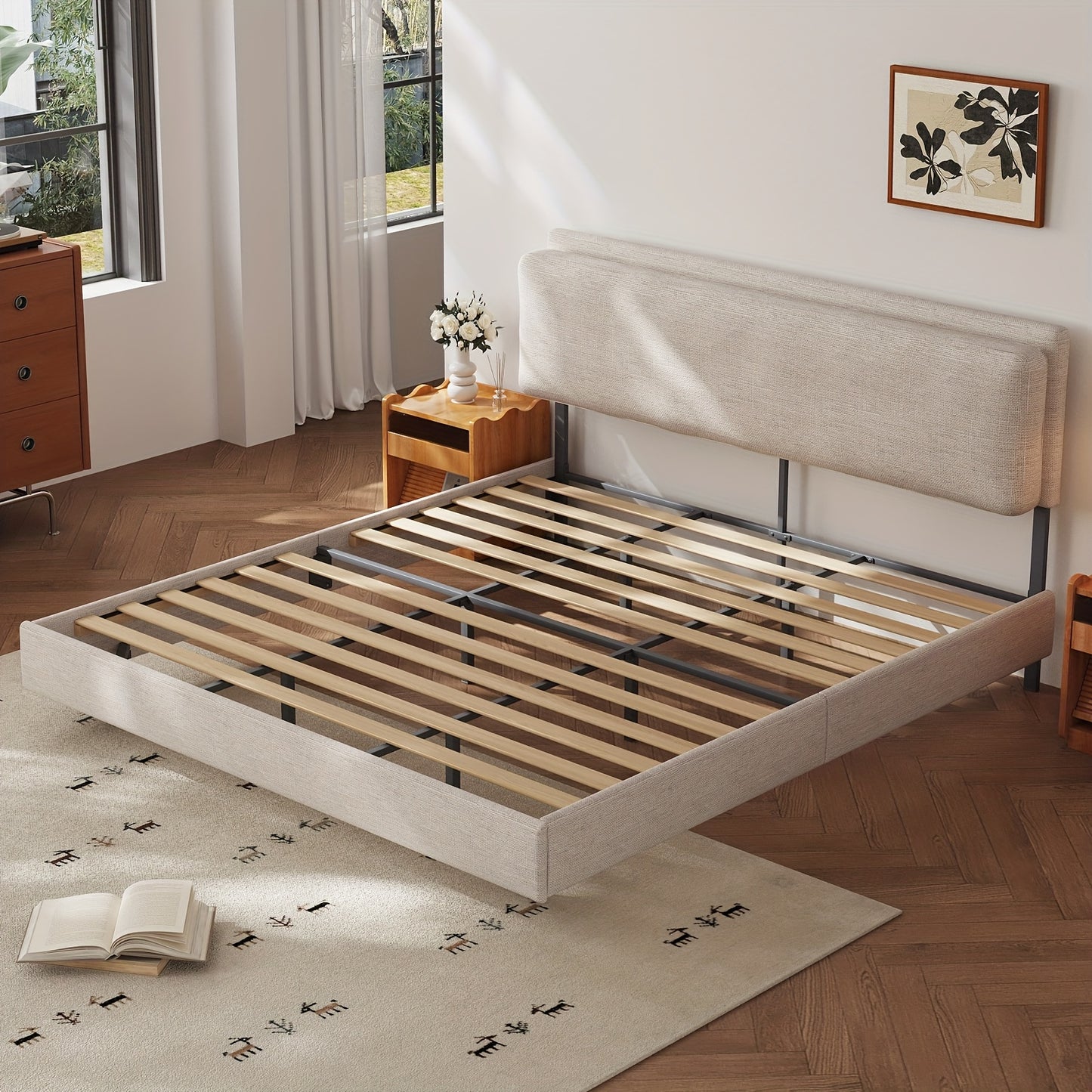 Bedframe – Bedbodem – Ledikant – Tweepersoonsbed – Slaapbank – 180x200 cm – Houtlook Met Metalen Poten – Geen Boxspring Nodig – Eenvoudige Montage – Beige Grijs