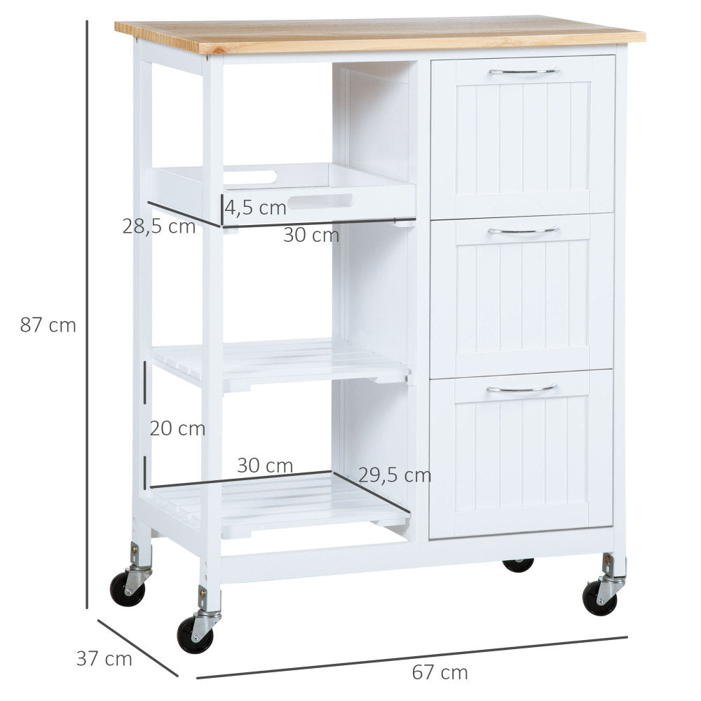 White Heavy-Duty Mobile Kitchen Cart with 3 Drawers & 3 Shelves, Rolling Storage Trolley with Worktop, Compact Space-Saving Design on 4-Wheels, Easy Assembly, Non-Wood (Metal/Like) for Small Kitchens, Pantry, Apartments (67