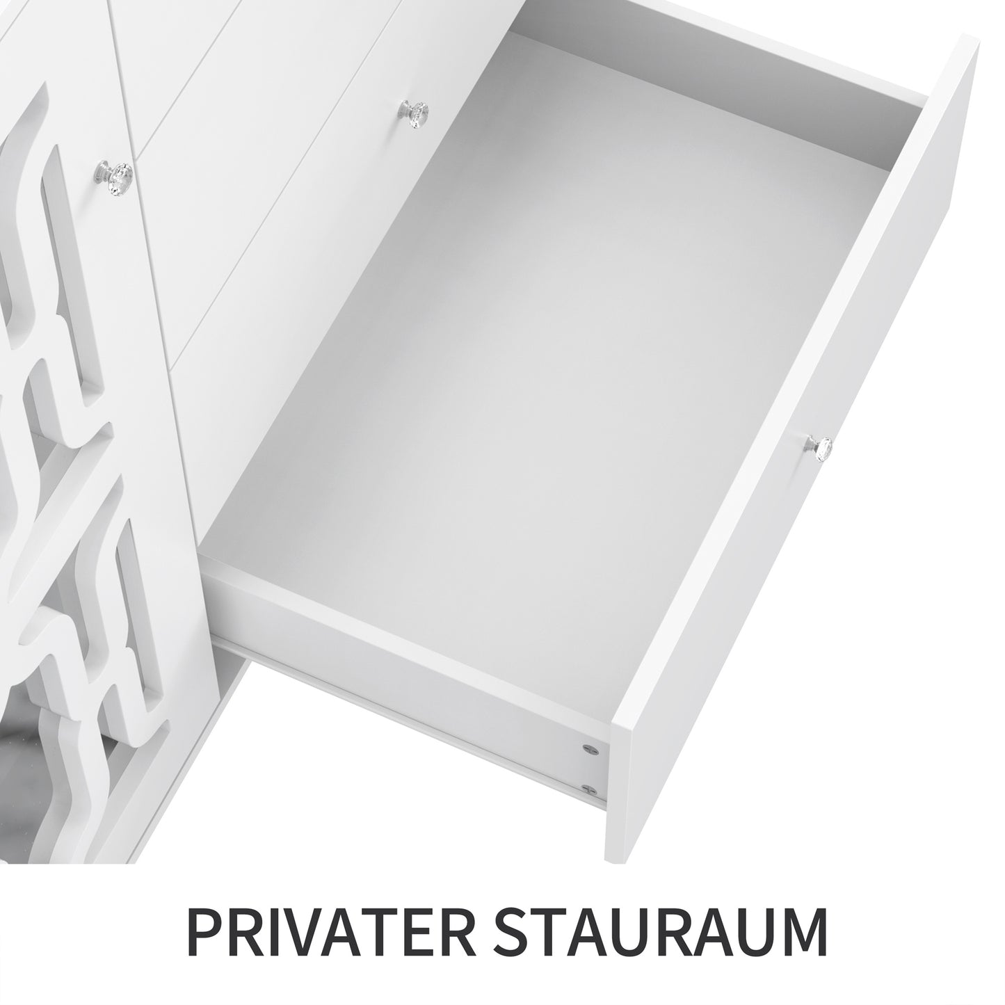 Dressoir – Sideboard – Opbergkast – Ladekast – Witte Spiegeldeuren – Kristalgrepen – 147,5x40x102 cm – Verstelbare Binnenplanken