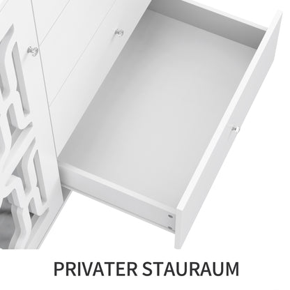 Dressoir – Sideboard – Opbergkast – Ladekast – Witte Spiegeldeuren – Kristalgrepen – 147,5x40x102 cm – Verstelbare Binnenplanken
