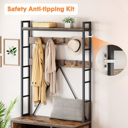 5-in-1 Halmeubel – Kapstok – Schoenenrek – Opbergmeubel – Zitbank – Stevig Metalen Frame – 17 Haken & 2 Lades – Rustiek Bruin – Vrijstaand Design