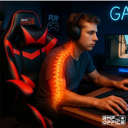 Gamingstoel – Gaming Chair – Bureaustoel – Gamenstoel – Zwarte Gamingstoel Met Rood – Verstelbare Hoogte 100-110 cm – Kantelbare Rugleuning Tot 135° Met Uittrekbare Voetensteun