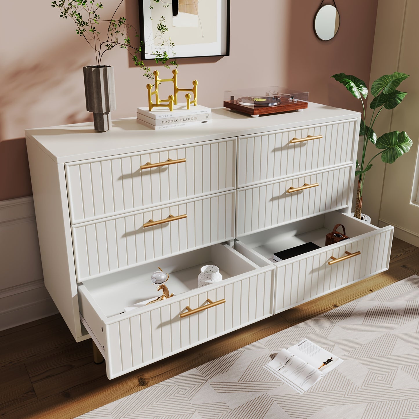 Ladekast – Ladenkast – Kommode – Dressoir – Opbergkast – Massief Houten Wit – 6 Lades Met Gouden Knoppen – Kant-en-Klaar Gemonteerd