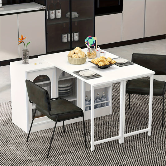 Draaibare Bartafel – Barmeubel – Eettafel – Opbergkast – Keukentafel – 360° Draaibaar – Uitschuifbaar Blad – Wit – Metalen Frame – Glazen Deuren