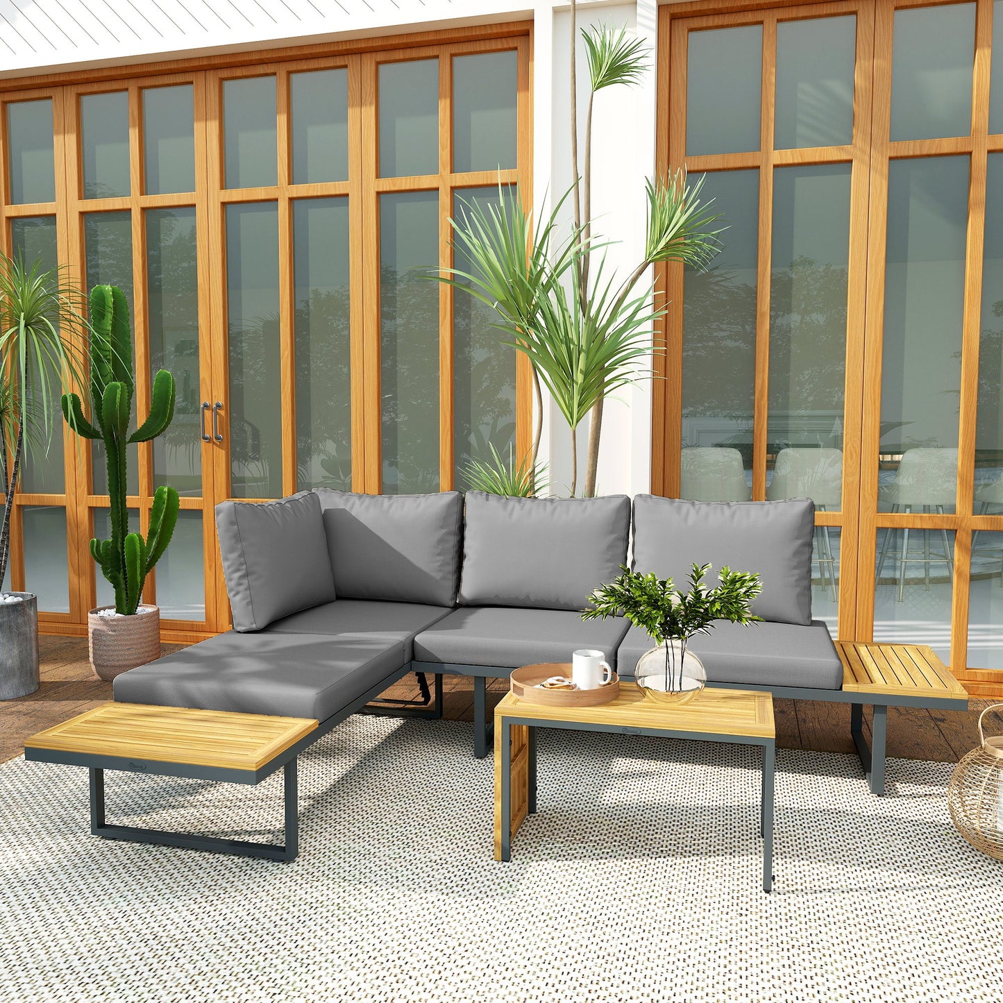 Loungeset – Tuinmeubelen – Buitenmeubilair – Hoekbank – Loungesofa – Acaciahout – 6-Delige Set – Verstelbare Rugleuningen – Grijze Kussens