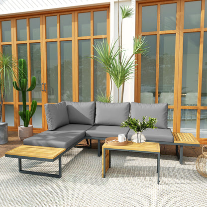Loungeset – Tuinmeubelen – Buitenmeubilair – Hoekbank – Loungesofa – Acaciahout – 6-Delige Set – Verstelbare Rugleuningen – Grijze Kussens
