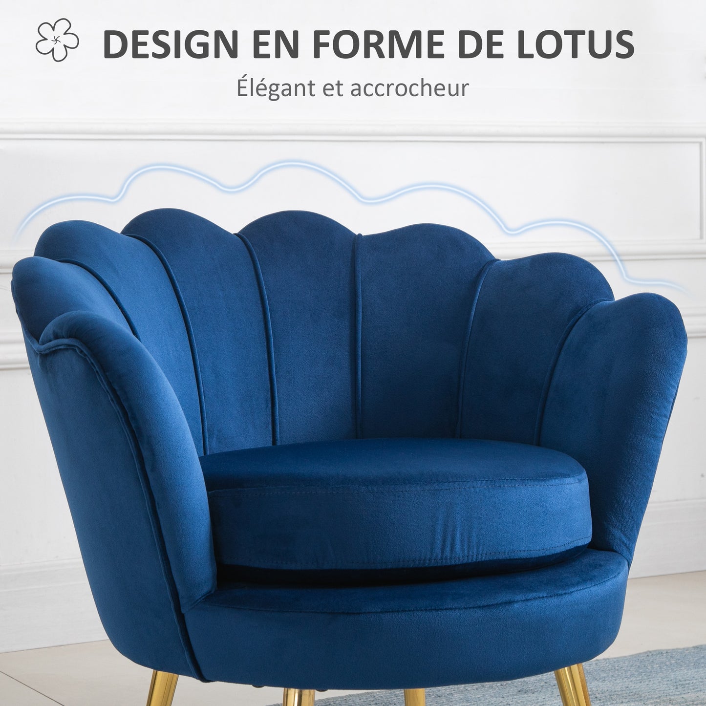 Fauteuil – Armstoel – Lounge Stoel – Relaxfauteuil – Clubstoel – Velvet Bekleding – Gouden Metalen Poten – 76x67x74 cm – Blauw