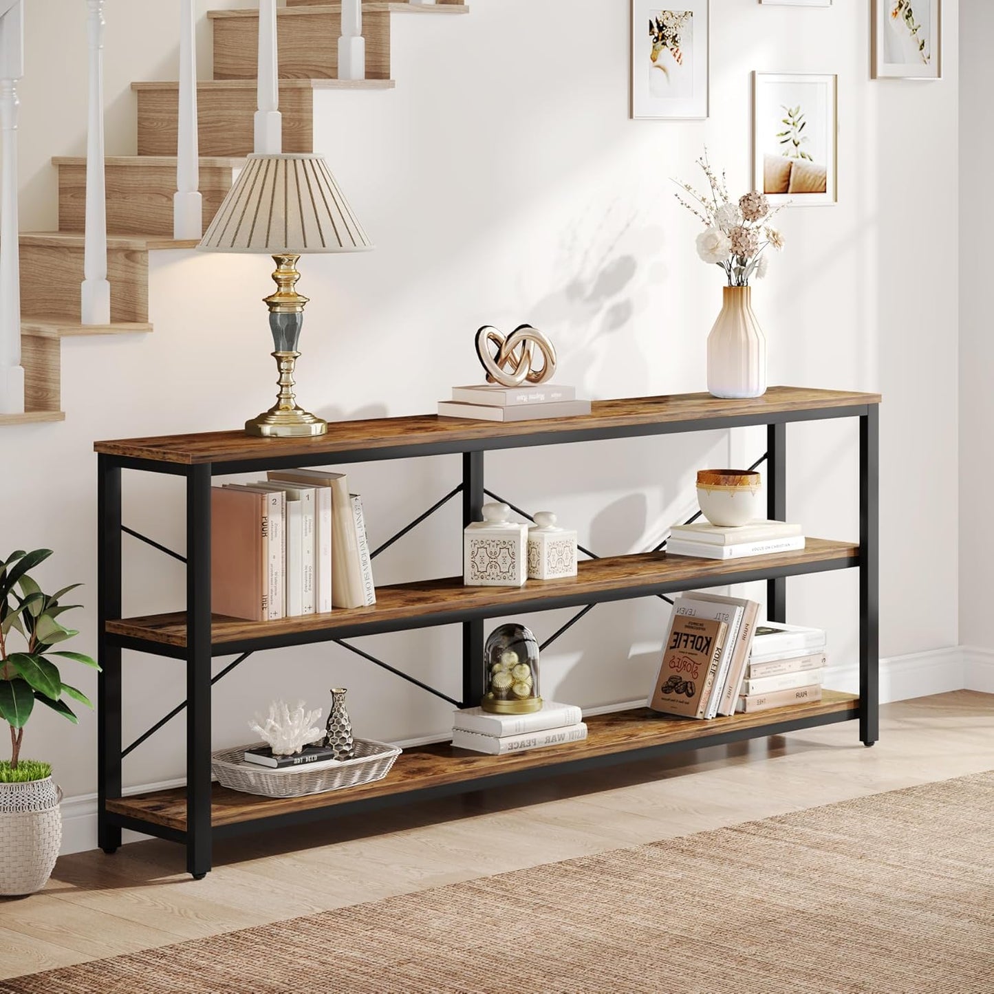 Vintage Sidetable – Industriële Tafel – Sofa Tafel – Console Tafel – Haltafel – 180 cm – 3 Lagen Metalen Frame – Robuust Met Dikke Blad