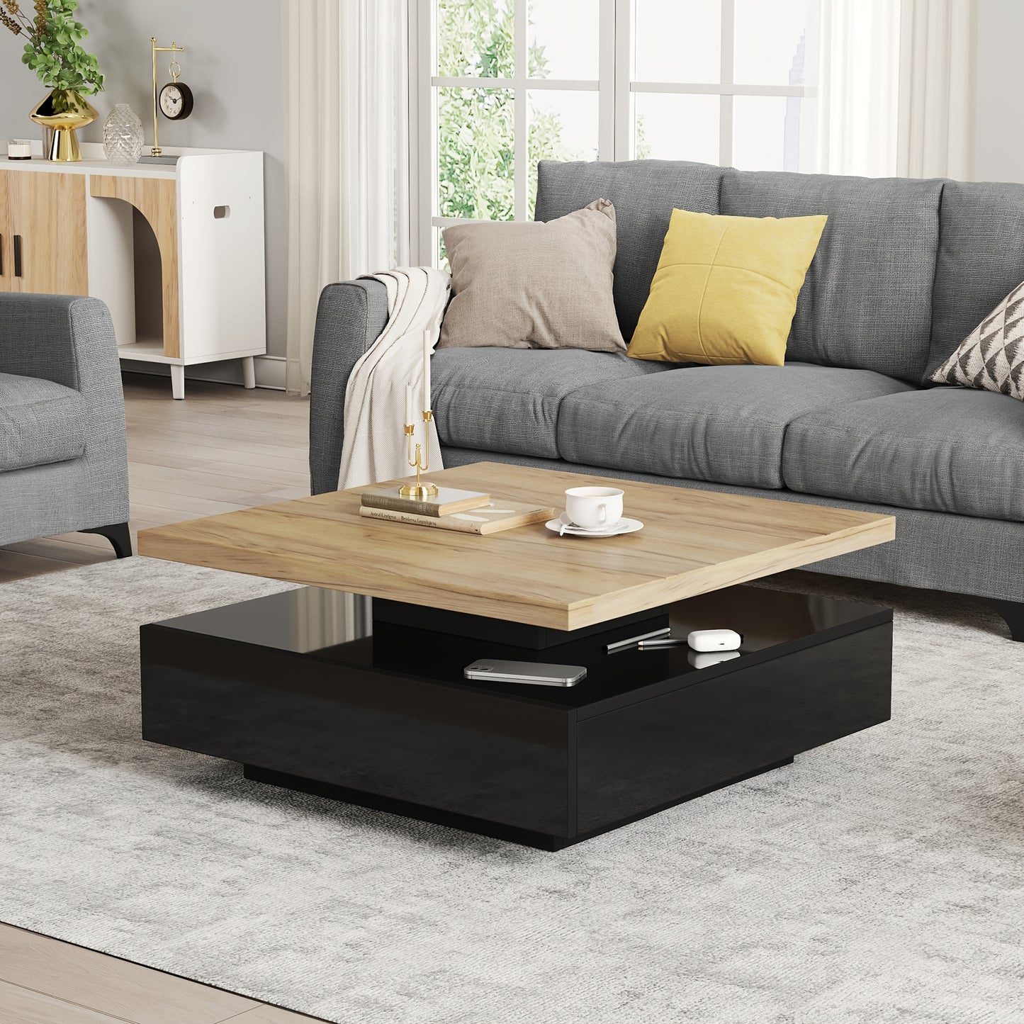 Draaibare Salontafel – Vierkante Tafel – Bijzettafel – Opbergtafel – Bamboe Tafel – 360° Draaibaar – Dubbelzijdige Opbergruimte – Zwart Hoogglans