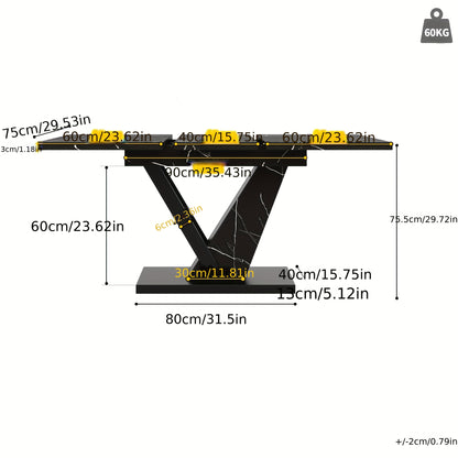 Extendable Dining Table (120-160 * 75cm), Table, Kitchen Table, Extendable Table, Can Be Extended to 120-160cm with The Help Of Internal Inserts, Suitable for Kitchen And Living Room, Black Marble Pattern Dining Table