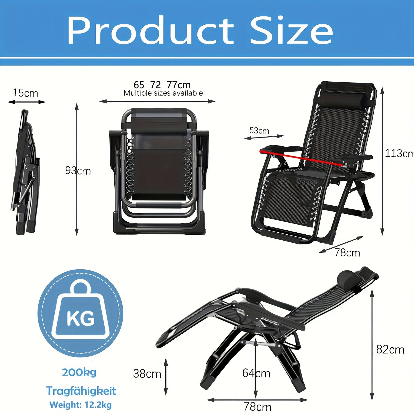 Inklapbare Loungestoel – Campingstoel – Tuinstoel – Balkonstoel – Relaxstoel – Verstelbare Rugleuning – Uitneembare Kussens – Stevig Metalen Frame – Inclusief Hoofdsteun en Zijtafel – Silvery 65 cm