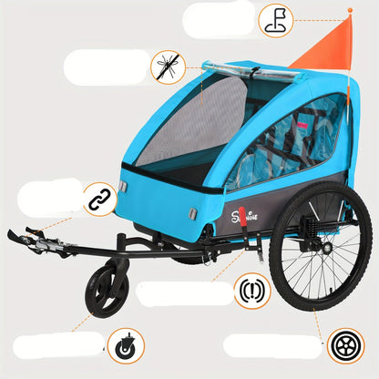 Kinderfietsaanhanger – Fietskar – Jogger – Boodschappenwagen – Kinderwagen – 360° Draaibare Wielen – 5-Punts Veiligheidsharnas – Oranje - QUORE